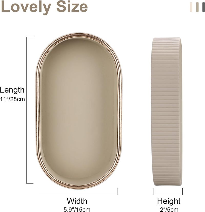GORESE PU Leather Perfume Tray Nightstand Organizer, Small Oval Desk Tray Jewelry Trinket Trays Valet Organizer Key Bowl for Entryway Dresser Bathroom, Catchall Trays for Men Women, 11×5.9 in, Beige - Image 2